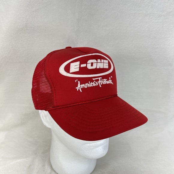 Vintage E-ONE Americas Firetruck Trucker Cap Hat White Red Mesh Back Snapback - Picture 9 of 13